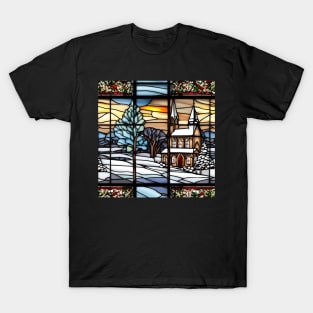 Stained glass panel of country church in Winter T-Shirt